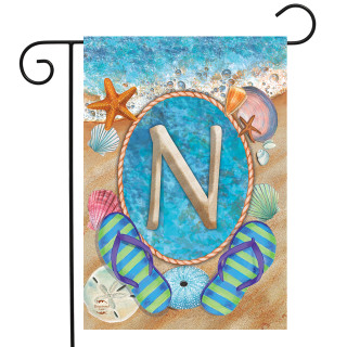 Briarwood Lane Summer Monogram Letter N Garden Flag with coastal design and colorful starfish on sand.