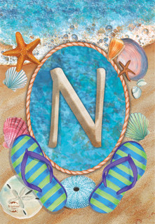 Briarwood Lane Summer Monogram Letter N Garden Flag with coastal beach theme and colorful design.