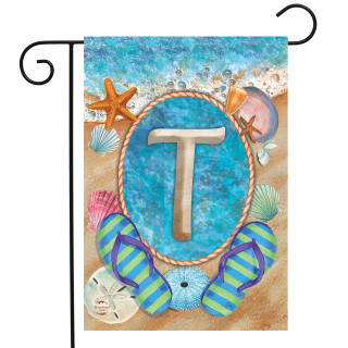Briarwood Lane Summer Monogram Letter T garden flag with starfish, sand, and colorful coastal design.