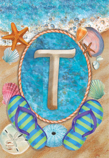 Briarwood Lane Summer Monogram Letter T Garden Flag with colorful coastal design and starfish on sand.