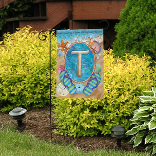 Briarwood Lane small summer garden flag with colorful coastal design and monogram letter T decoration.