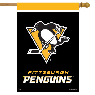 Briarwood Lane Pittsburgh Penguins NHL licensed house flag with black, white, and yellow design.