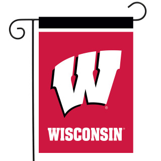 Wisconsin Badgers NCAA Licensed Garden Flag by Briarwood Lane, red with white logo and lettering.