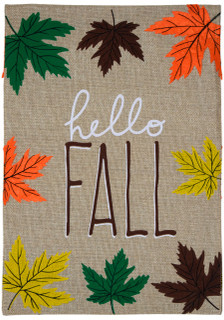 Hello Fall Leaves Burlap House Flag