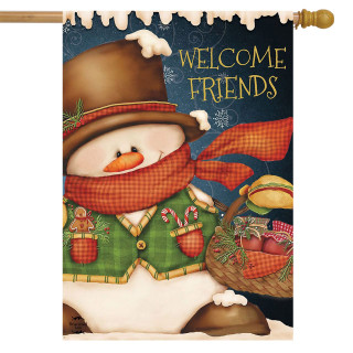Welcome Friends Snowman Winter House Flag