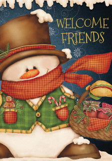 Welcome Friends Snowman Winter House Flag