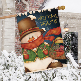 Welcome Friends Snowman Winter House Flag