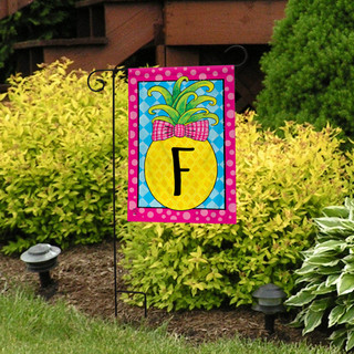 Briarwood Lane small printed garden flag with colorful pineapple and letter F for spring and summer display.