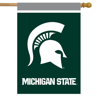Briarwood Lane official NCAA Michigan State Spartans house flag, green with white Spartan helmet logo.