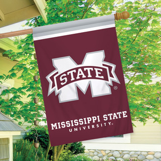 Maroon Mississippi State Bulldogs NCAA house flag with white logo and text on wooden pole outside.
