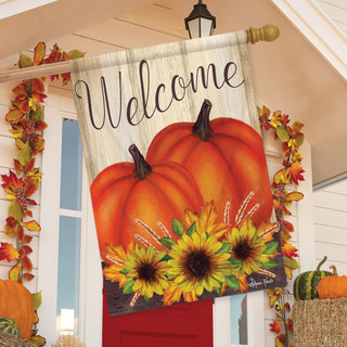 Briarwood Lane small printed autumn house flag with colorful pumpkins and sunflowers on porch.