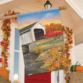 Autumn Bridge Sunset House Flag