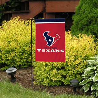 Briarwood Lane Houston Texans NFL licensed garden flag, red with blue and white accents displayed outdoors.