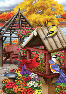 Autumn Garden Birds House Flag