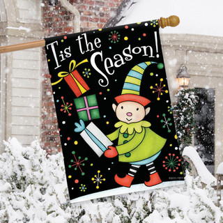 Briarwood Lane Tis The Season Christmas house flag with colorful cheerful elf and festive design.