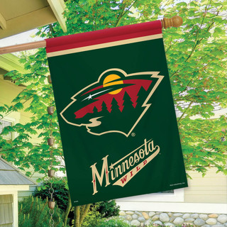 Briarwood Lane Minnesota Wild NHL licensed house flag hanging outdoors with NHL team logo displayed.