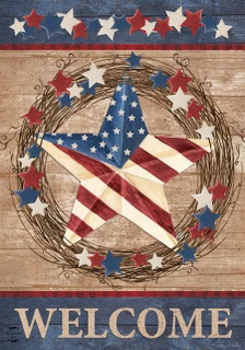 Briarwood Lane Americana Barnstar Patriotic Garden Flag with rustic wreath and stars, red, white, blue colors.