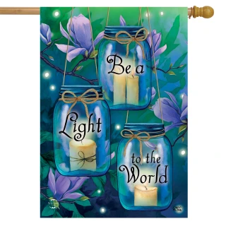 Briarwood Lane spring house flag with inspirational quote and candle design on colorful floral background.