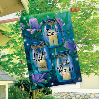 Briarwood Lane spring house flag with inspirational quote and candle design in colorful, cheery garden display.