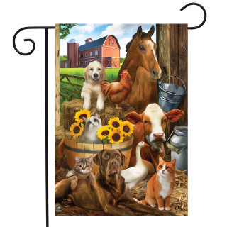 Briarwood Lane small printed garden flag with colorful farm animals and sunflowers on a springtime background.