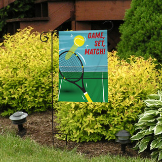 Briarwood Lane small printed Tennis Garden Flag on a lawn display for spring and summer recreation.