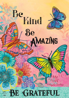 Briarwood Lane Be Grateful colorful butterflies spring garden flag with motivational quote and floral design.