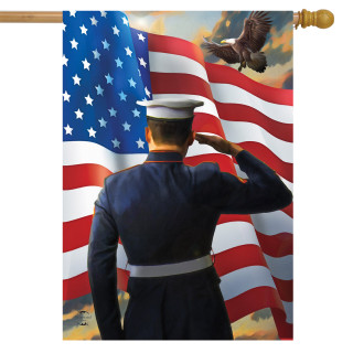 Briarwood Lane America's Heroes Military House Flag with patriotic American soldier saluting USA flag.