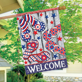 Briarwood Lane patriotic house flag with red, white, and blue flip flops and stars.
