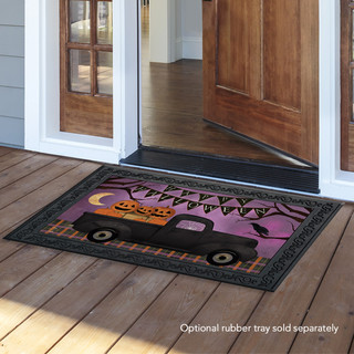 Briarwood Lane Halloween Truck Primitive Doormat with jack-o-lantern, bats and spooky purple background on porch.