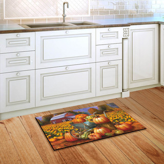 Briarwood Lane small printed Pumpkin Farm Fall Doormat with colorful autumn harvest design on kitchen floor.