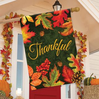 Briarwood Lane Thankful Leaves Autumn House Flag, colorful fall decor with printed leaves and thankful greeting.