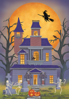Briarwood Lane Haunted House Party Halloween flag with jack-o-lanterns, bats, and spooky skeleton decorations.