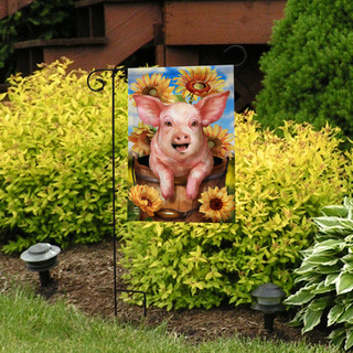 Briarwood Lane Happy Piglet Fall Garden Flag with colorful pig and sunflowers on a lawn display.