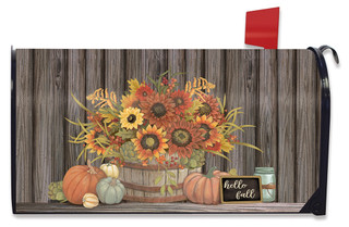 Briarwood Lane Hello Fall Floral Primitive standard mailbox cover with basket, flowers, and pumpkins.