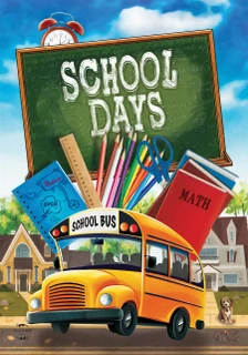 Briarwood Lane School Days Autumn Garden Flag with colorful school bus and supplies on small decorative flag.
