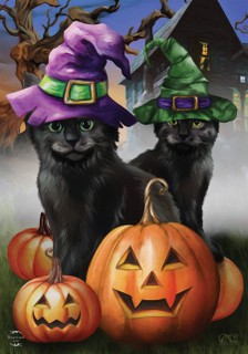 Briarwood Lane Spooky Kittens Halloween Garden Flag with cats, pumpkins, and witch hats outdoor decor.