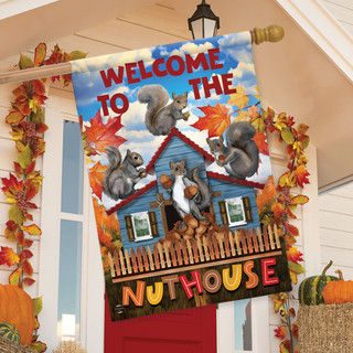 Briarwood Lane Nut House fall flag with colorful squirrels and autumn leaves on a house porch.