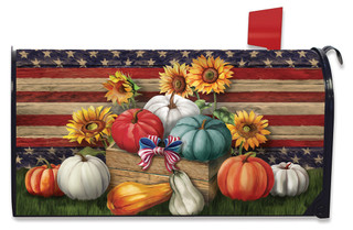 Briarwood Lane oversized mailbox cover with pumpkins, sunflowers, and old glory design on large patriotic cover.