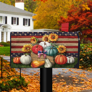 Briarwood Lane oversized mailbox cover with pumpkins, sunflowers, and old glory on large patriotic design.