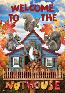 Briarwood Lane Nut House Fall Garden Flag with colorful squirrels and autumn leaves on small decorative sign.