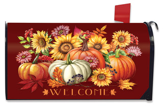 Briarwood Lane Fall Beauty Floral Large Mailbox Cover with colorful pumpkins and sunflowers on red background.