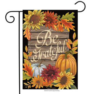 Briarwood Lane small printed garden flag with colorful fall design and Be Grateful message on porch decor.