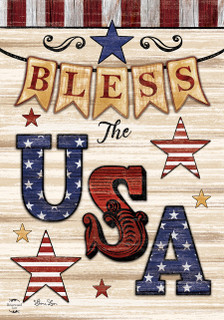 Briarwood Lane Bless The USA Patriotic sign with stitched stars and stripes in red, white, blue.