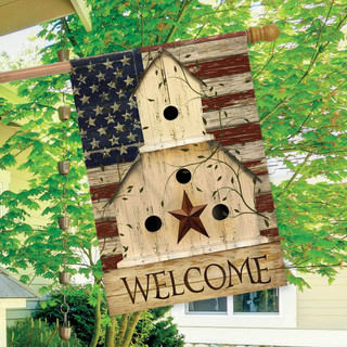 Briarwood Lane Americana Welcome Patriotic House Flag with rustic birdhouse and American stars and stripes.