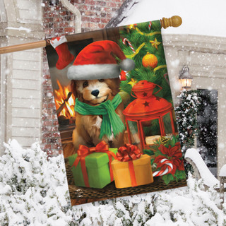 Briarwood Lane Waiting For Santa Christmas House Flag with colorful festive bear and presents design.
