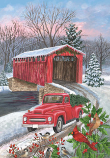 Winter Covered Bridge Seasonal House Flag
