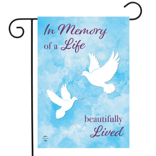 Briarwood Lane small, colorful garden flag with white doves and mourning message on blue background.