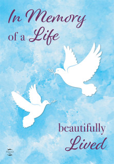 Briarwood Lane small printed garden flag with white doves and "In Memory Of A Life" message.