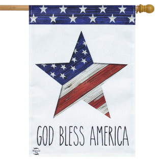 Briarwood Lane God Bless America star patriotic burlap house flag with red, white, and blue colors.