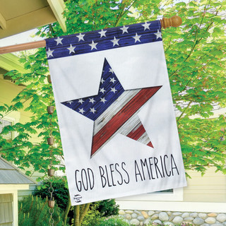 Briarwood Lane Patriotic Burlap House Flag with star, stripes, and "God Bless America" in red, white, blue.